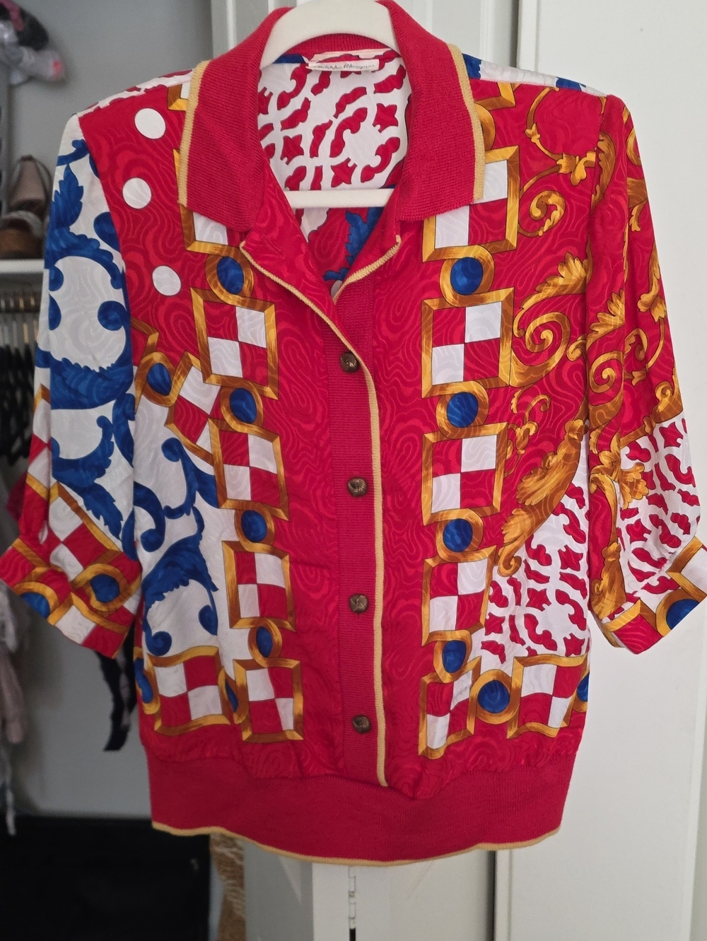 Red Printed Button-Front Blouse